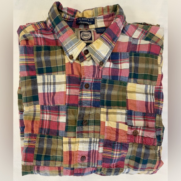 G. H. BASS & CO. Substantial Weight Madras Patchwork Plaid Short Sleeve Shirt L - Picture 1 of 5